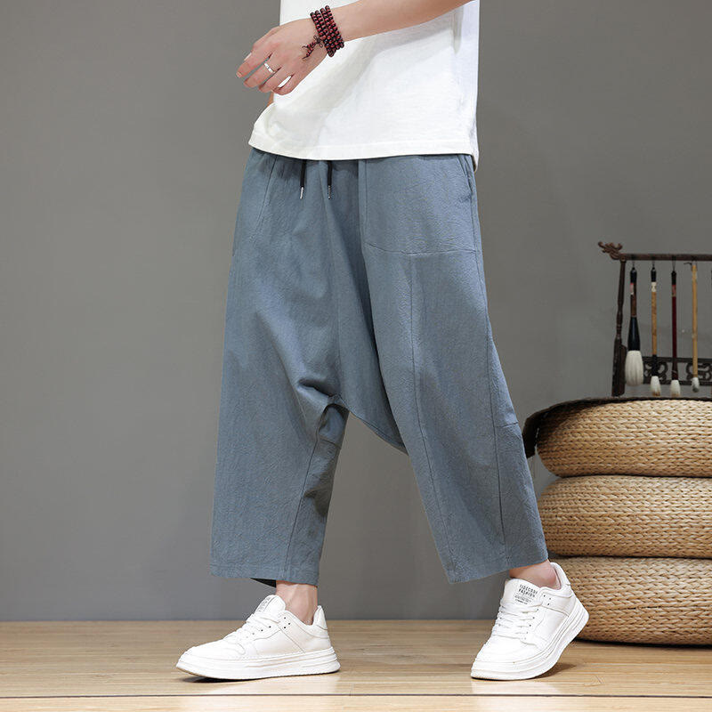 Pantaloni da uomo in cotone con elastico in vita, gamba larga, con coulisse, modello Buddha Stones, casual, tinta unita, cavallo basso, tasche - SteelBlue - US/UK/AU46, EU56 (5XL) - image 0