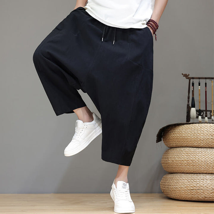 Pantaloni da uomo in cotone con elastico in vita, gamba larga, con coulisse, modello Buddha Stones, casual, tinta unita, cavallo basso, tasche