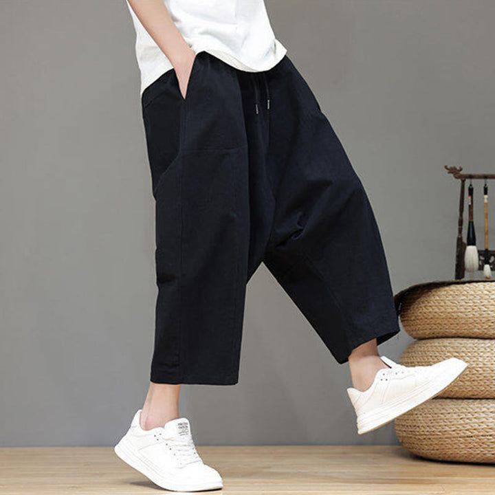 Pantaloni da uomo in cotone con elastico in vita, gamba larga, con coulisse, modello Buddha Stones, casual, tinta unita, cavallo basso, tasche