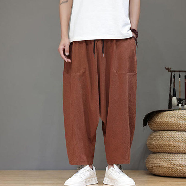 Pantaloni da uomo in cotone con elastico in vita, gamba larga, con coulisse, modello Buddha Stones, casual, tinta unita, cavallo basso, tasche