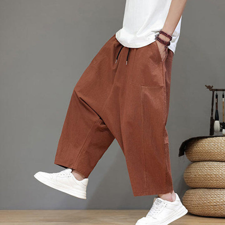 Pantaloni da uomo in cotone con elastico in vita, gamba larga, con coulisse, modello Buddha Stones, casual, tinta unita, cavallo basso, tasche - image 26