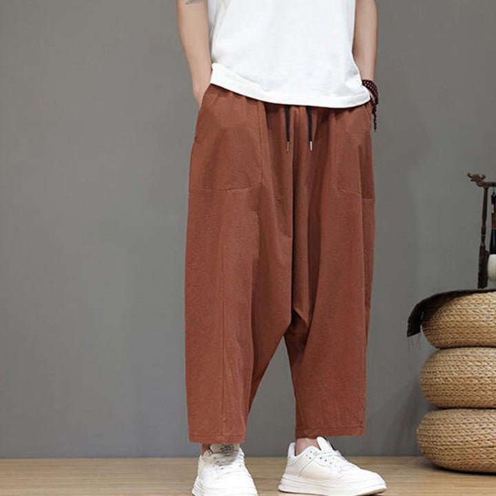 Pantaloni da uomo in cotone con elastico in vita, gamba larga, con coulisse, modello Buddha Stones, casual, tinta unita, cavallo basso, tasche