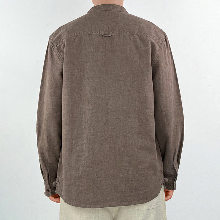 Camicia da uomo in cotone e lino ramiè casual tinta unita Buddha Stones con tasche - image 10