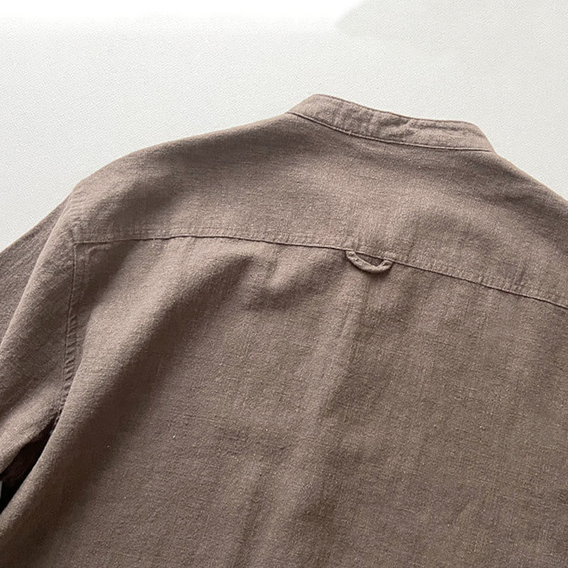 Camicia da uomo in cotone e lino ramiè casual tinta unita Buddha Stones con tasche - image 12