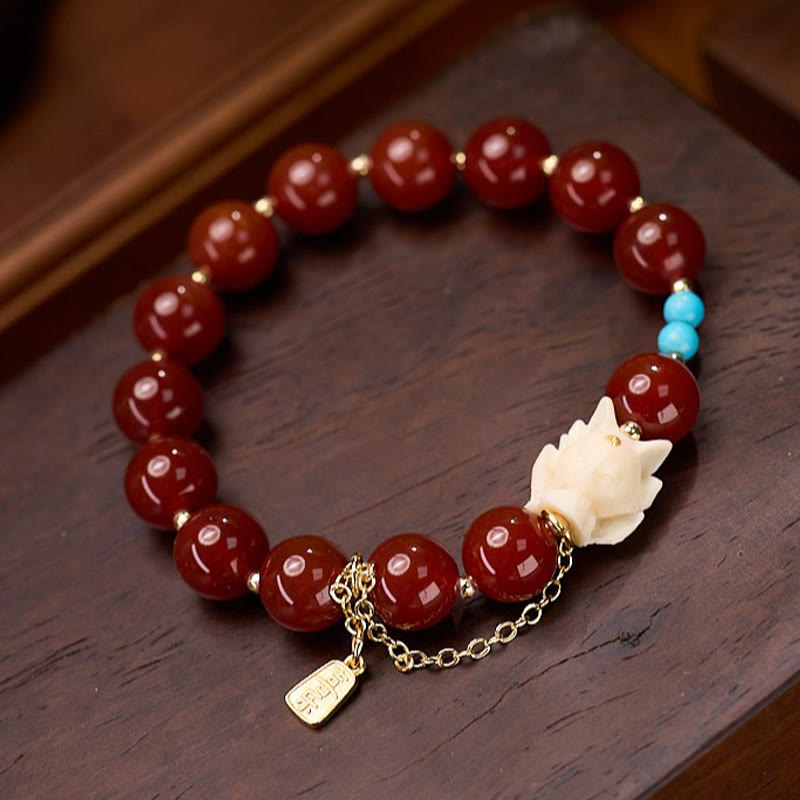 Bracciale Buddha Stones , Volpe a nove code, Gioia, Agata rossa, Avorio, Frutto, Rame, Placcato oro, Fiducia