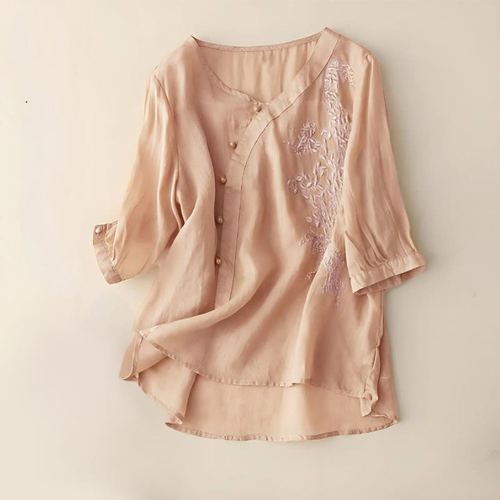 Camicia da donna a maniche corte con bottoni e rana, casual e ampia, con ricamo floreale Buddha Stones - Verga d'oro - US14, UK/AU18, EU46 (4XL) - image 6