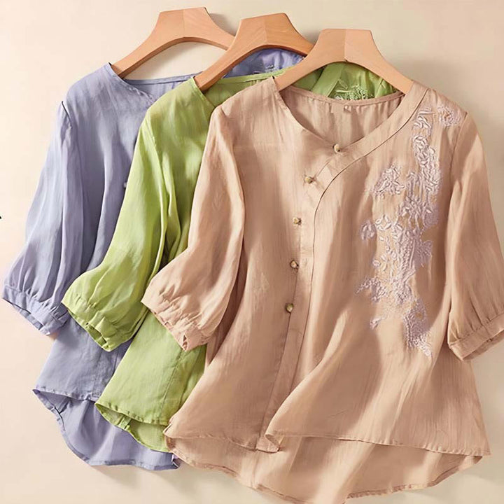 Camicia da donna a maniche corte con bottoni e rana, casual e ampia, con ricamo floreale Buddha Stones - image 8