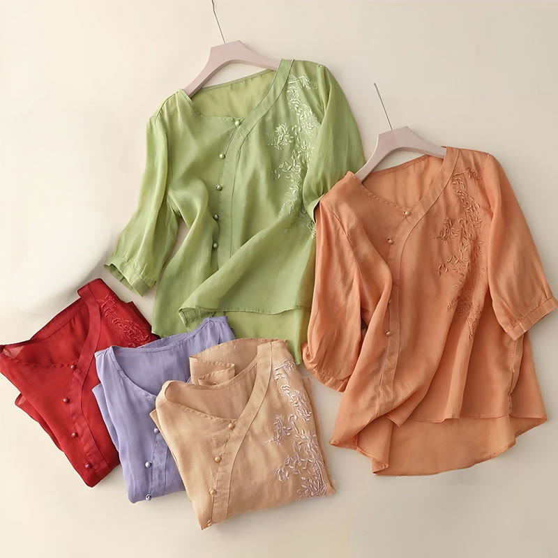 Camicia da donna a maniche corte con bottoni e rana, casual e ampia, con ricamo floreale Buddha Stones - image 11