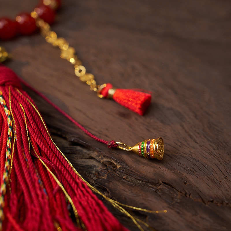 Buddha Stones 18 perle monete di rame nappa tibetana agata rossa mala da polso calmo - image 5
