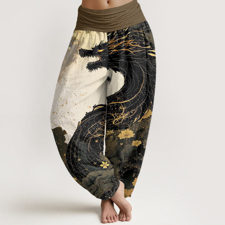 Pantaloni harem da donna con elastico in vita, in cotone, casual, con motivo drago e albero antico, motivo Buddha Stones - Nero - US22, UK/AU26, EU54 (6XL) - image 0