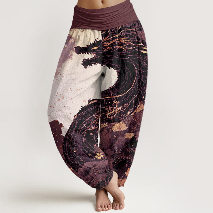 Pantaloni harem da donna con elastico in vita, in cotone, casual, con motivo drago e albero antico, motivo Buddha Stones - Marrone rosato - US22, UK/AU26, EU54 (6XL) - image 4
