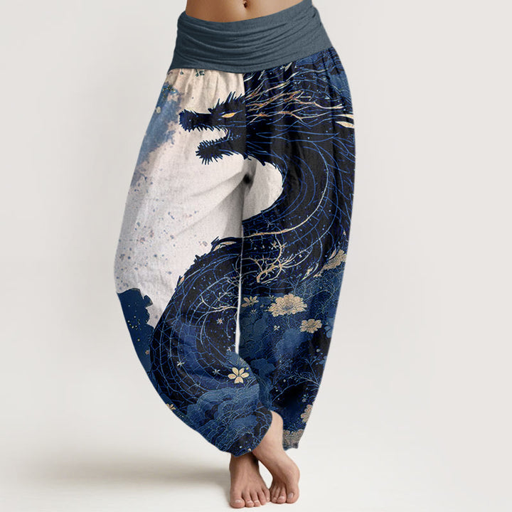 Pantaloni harem da donna con elastico in vita, in cotone, casual, con motivo drago e albero antico, motivo Buddha Stones - SteelBlue - US22, UK/AU26, EU54 (6XL) - image 7