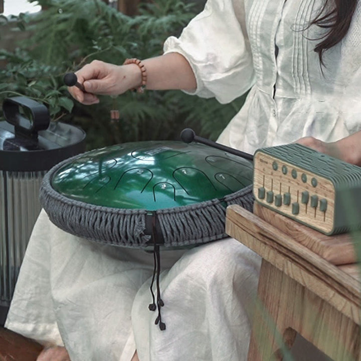 Kit di percussioni per la meditazione di consapevolezza, tamburo in acciaio con lingua in pietre Buddha Stones, 15 note, 14 pollici