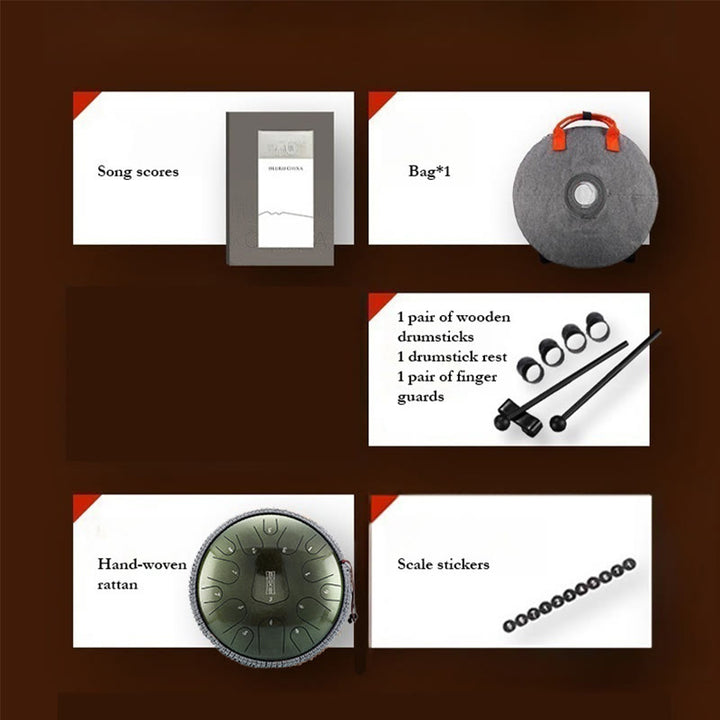 Kit di percussioni per meditazione con tamburo in acciaio Buddha Stones, 13 note, 12 pollici