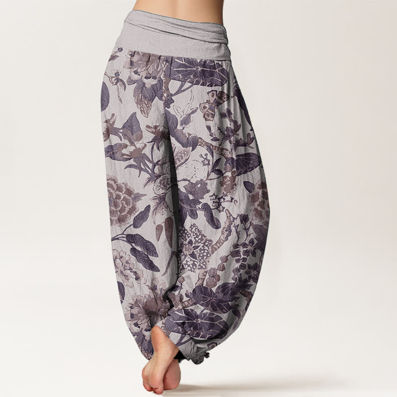 Pantaloni harem da donna con elastico in vita, in puro cotone, con motivo a foglie di loto e peonie, motivo Buddha Stones - image 7