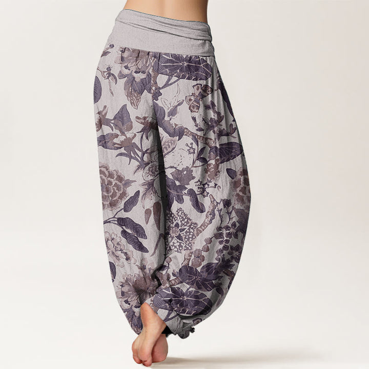 Pantaloni harem da donna con elastico in vita, in puro cotone, con motivo a foglie di loto e peonie, motivo Buddha Stones - image 7