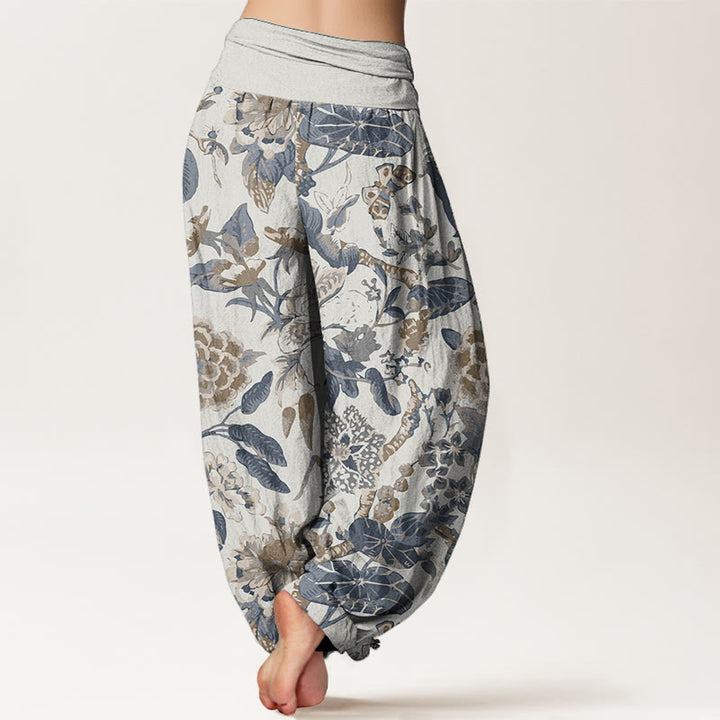 Pantaloni harem da donna con elastico in vita, in puro cotone, con motivo a foglie di loto e peonie, motivo Buddha Stones - image 2