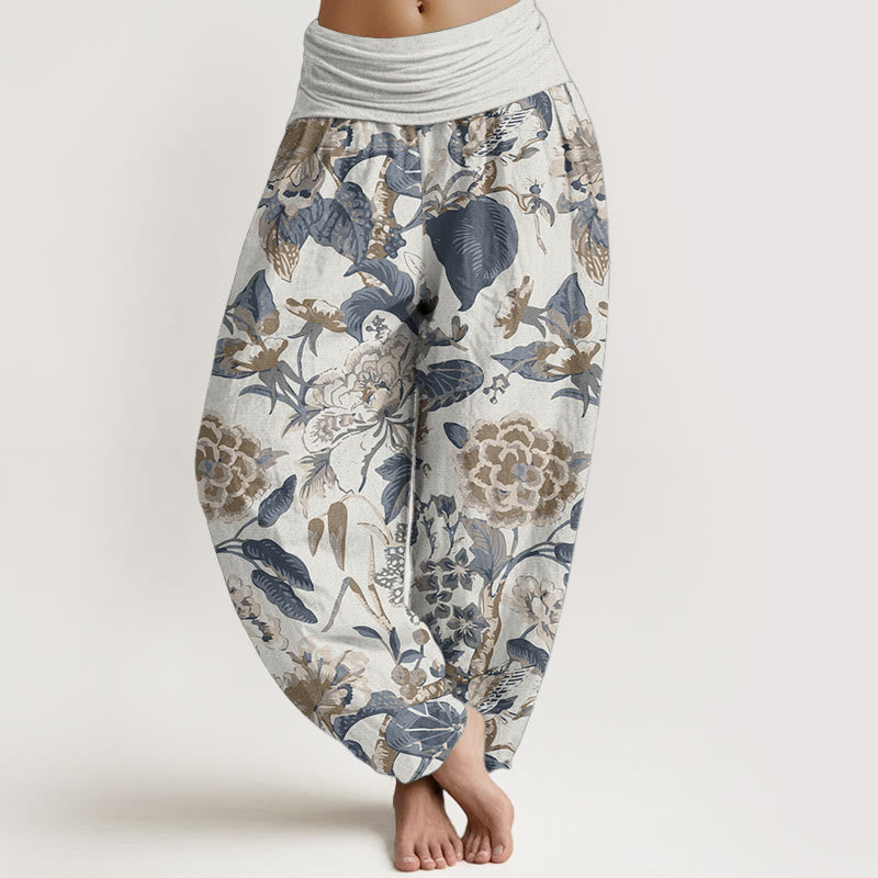 Pantaloni harem da donna con elastico in vita, in puro cotone, con motivo a foglie di loto e peonie, motivo Buddha Stones - Avorio - US22, UK/AU26, EU54 (6XL) - image 0