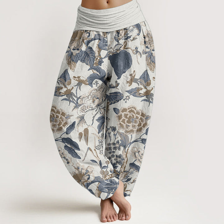 Pantaloni harem da donna con elastico in vita, in puro cotone, con motivo a foglie di loto e peonie, motivo Buddha Stones - Avorio - US22, UK/AU26, EU54 (6XL) - image 0
