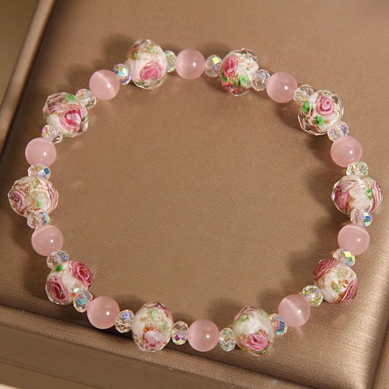 Braccialetto di calore con perline di vetro Liuli, cristallo rosa e Buddha Stones