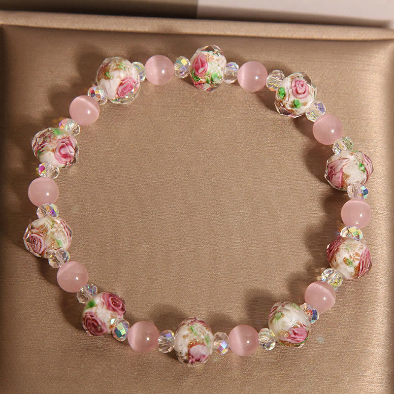 Braccialetto di calore con perline di vetro Liuli, cristallo rosa e Buddha Stones