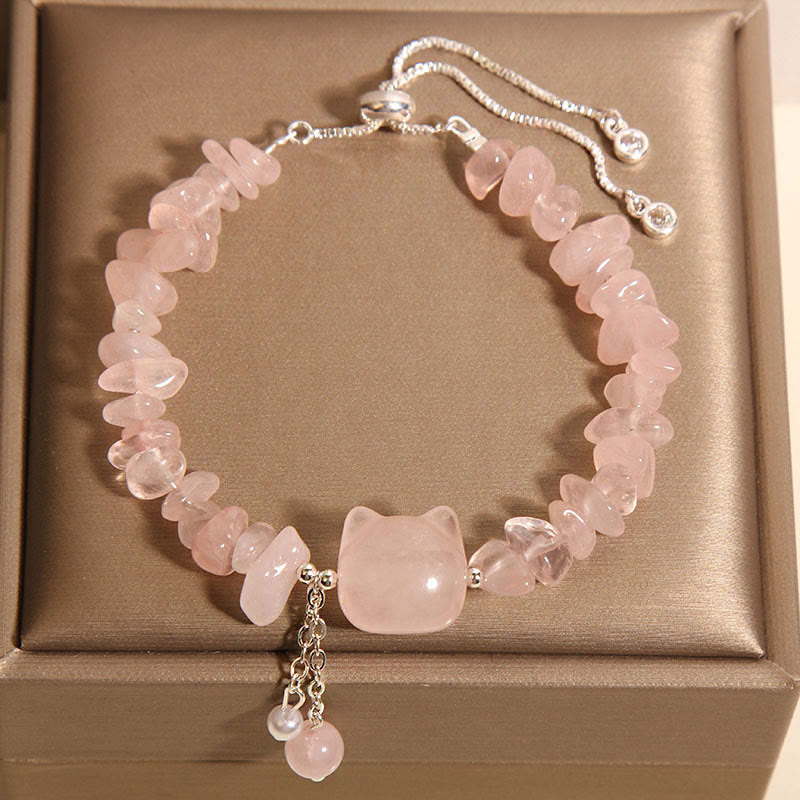 Braccialetto rilassante a forma di testa di gatto in agata rosa naturale e cristallo Buddha Stones - Cristallo rosa (circonferenza polso 14-16 cm) - image 1