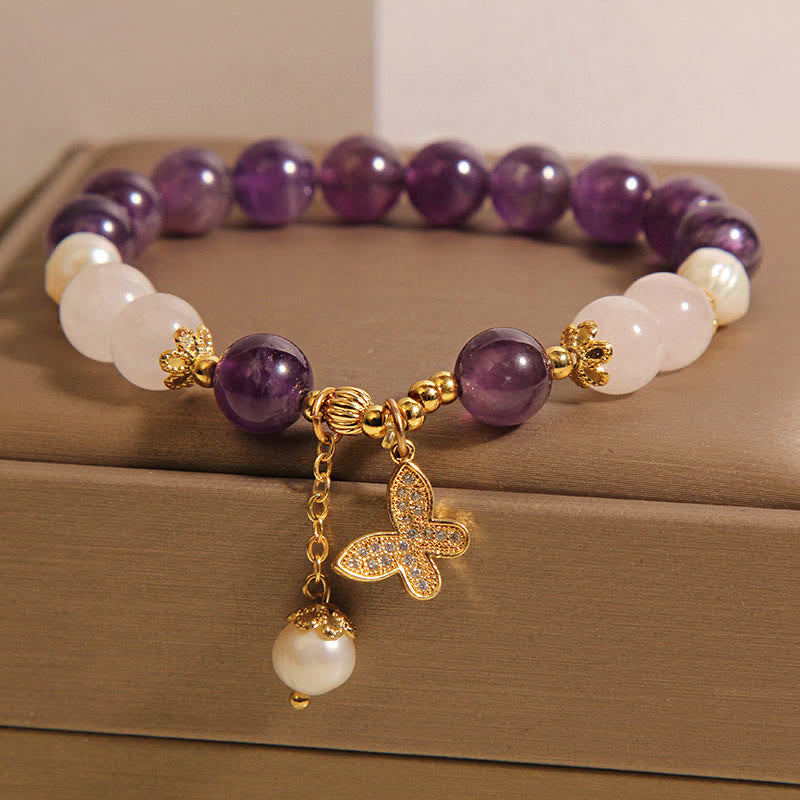 Bracciale con ciondolo a farfalla in cristallo di perla e ametista naturale Buddha Stones