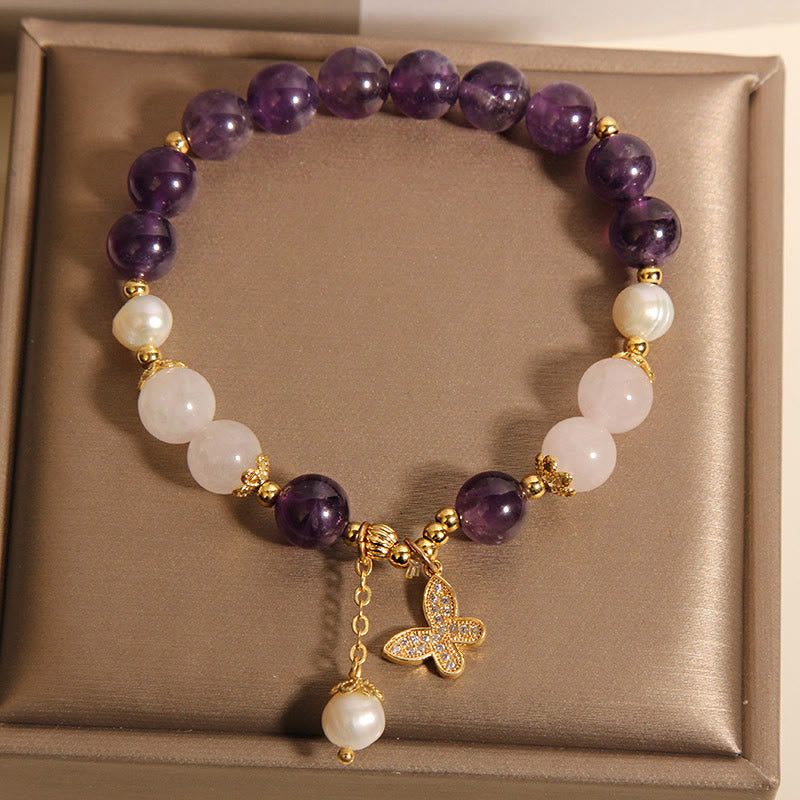 Bracciale con ciondolo a farfalla in cristallo di perla e ametista naturale Buddha Stones