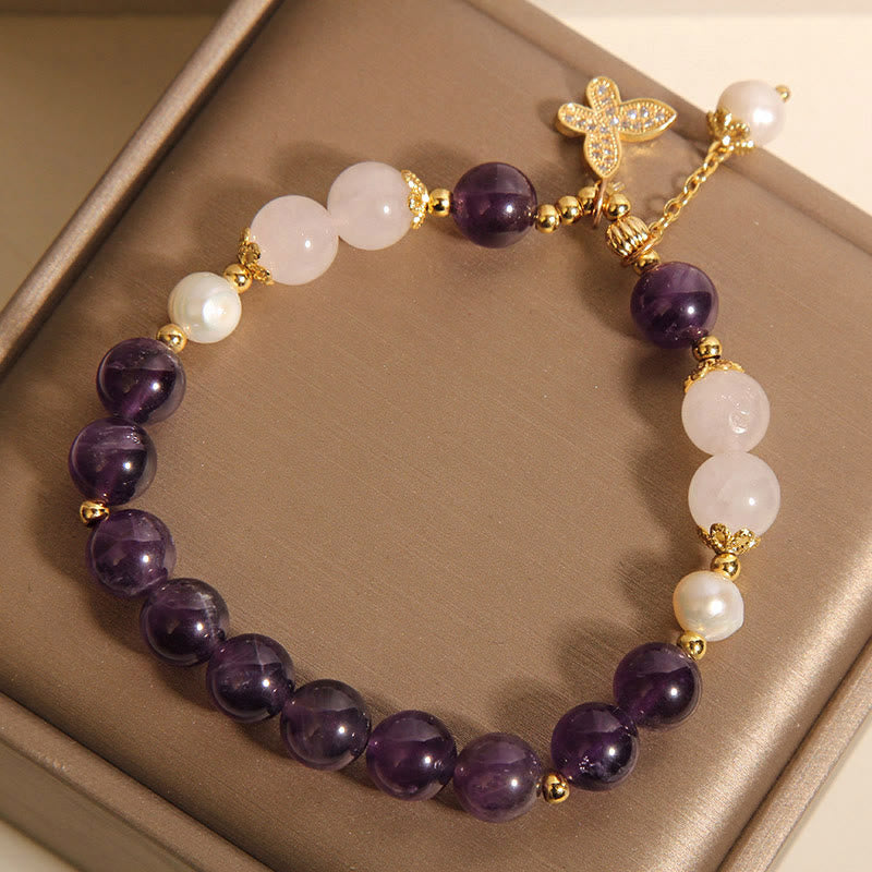 Bracciale con ciondolo a farfalla in cristallo di perla e ametista naturale Buddha Stones