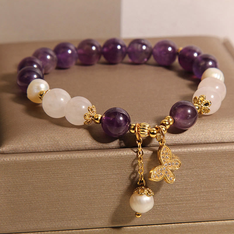 Bracciale con ciondolo a farfalla in cristallo di perla e ametista naturale Buddha Stones