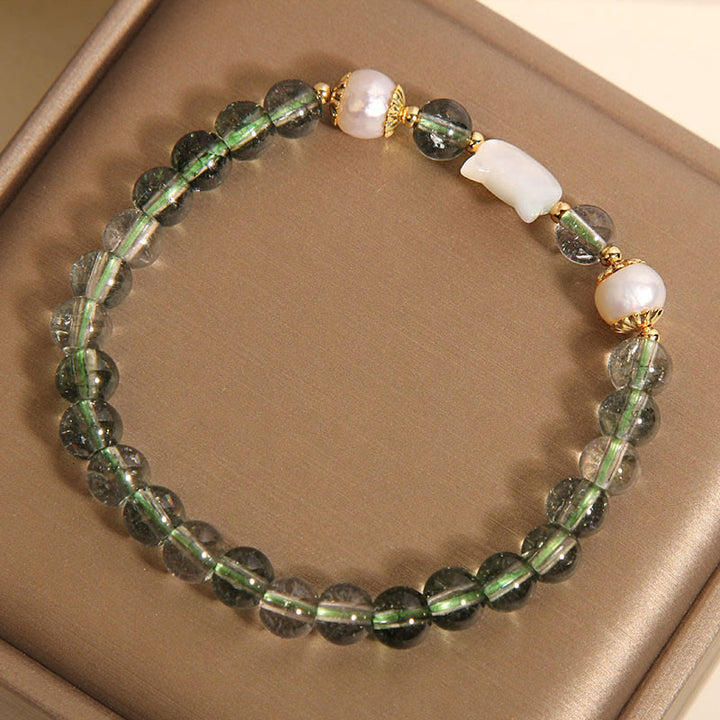 Braccialetto portafortuna con testa di gatto in perla fantasma verde naturale di Buddha Stones - image 3