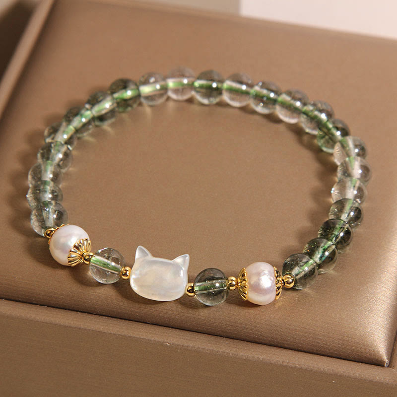 Braccialetto portafortuna con testa di gatto in perla fantasma verde naturale di Buddha Stones - Fantasma verde (circonferenza del polso 14-16 cm) - image 1