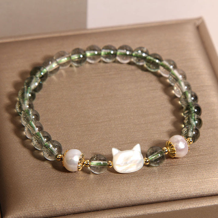 Braccialetto portafortuna con testa di gatto in perla fantasma verde naturale di Buddha Stones - image 2