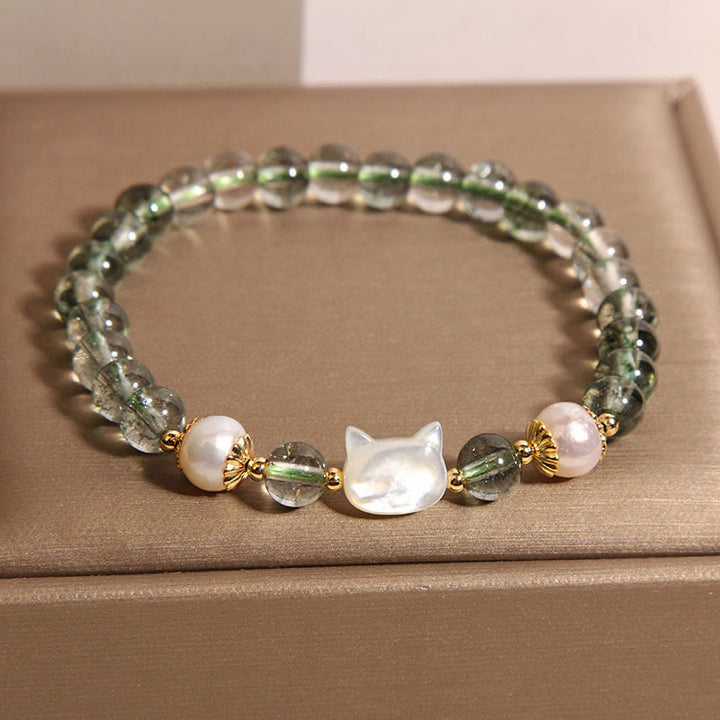 Braccialetto portafortuna con testa di gatto in perla fantasma verde naturale di Buddha Stones - image 5