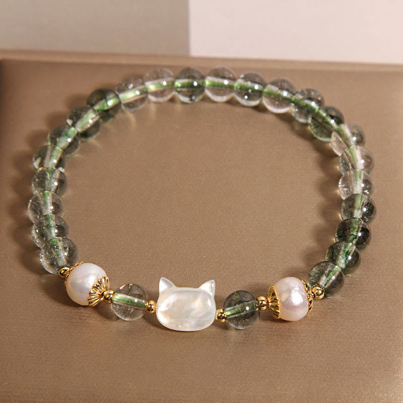 Braccialetto portafortuna con testa di gatto in perla fantasma verde naturale di Buddha Stones - image 4