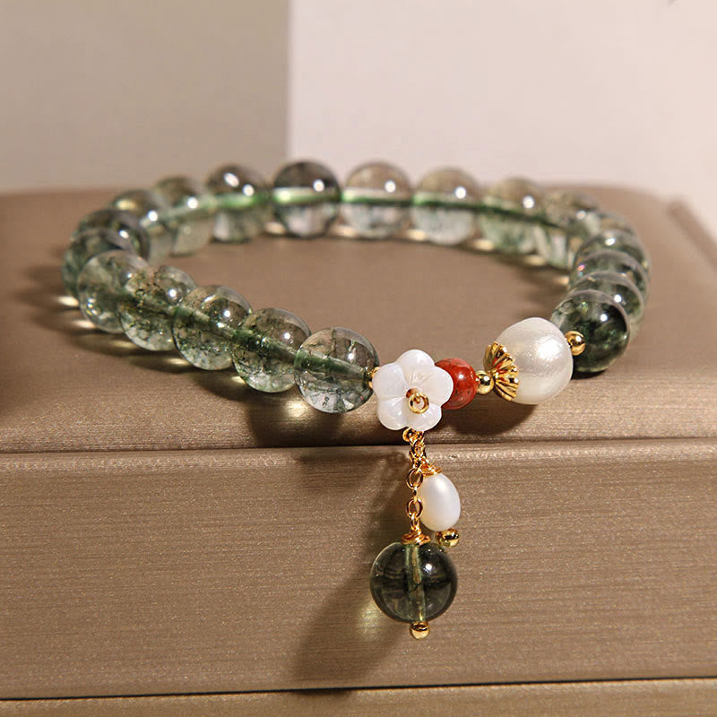 Bracciale Buddha Stones con perla fantasma verde naturale e fiore positivo
