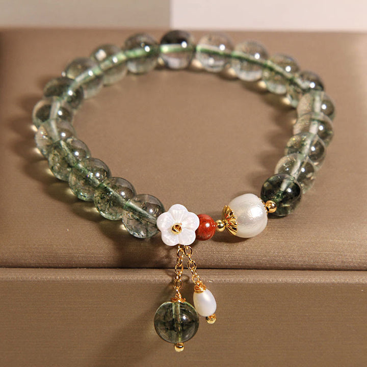 Bracciale Buddha Stones con perla fantasma verde naturale e fiore positivo