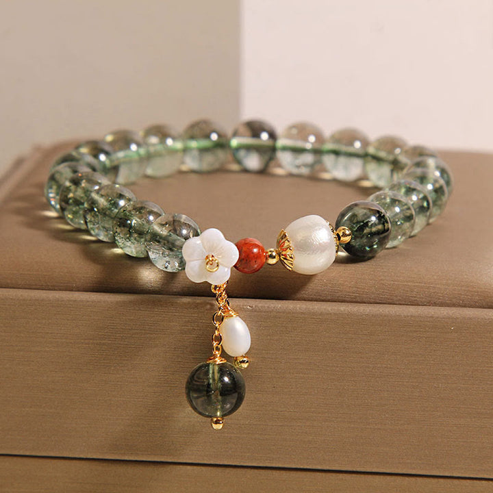 Bracciale Buddha Stones con perla fantasma verde naturale e fiore positivo
