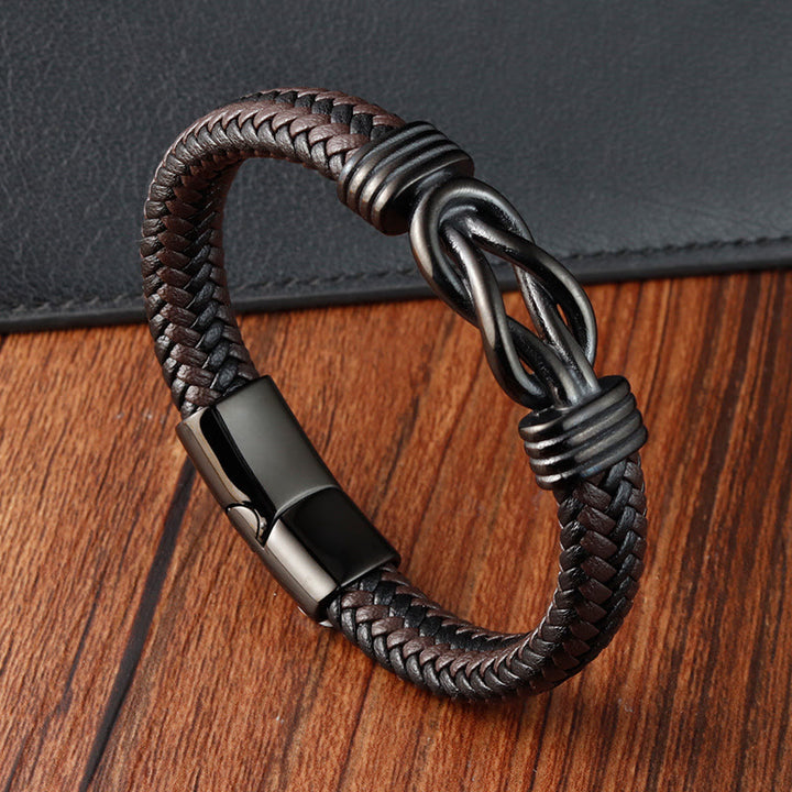 Bracciale con fibbia in pelle e bilanciere in acciaio al titanio con motivo a nodo infinito Buddha Stones