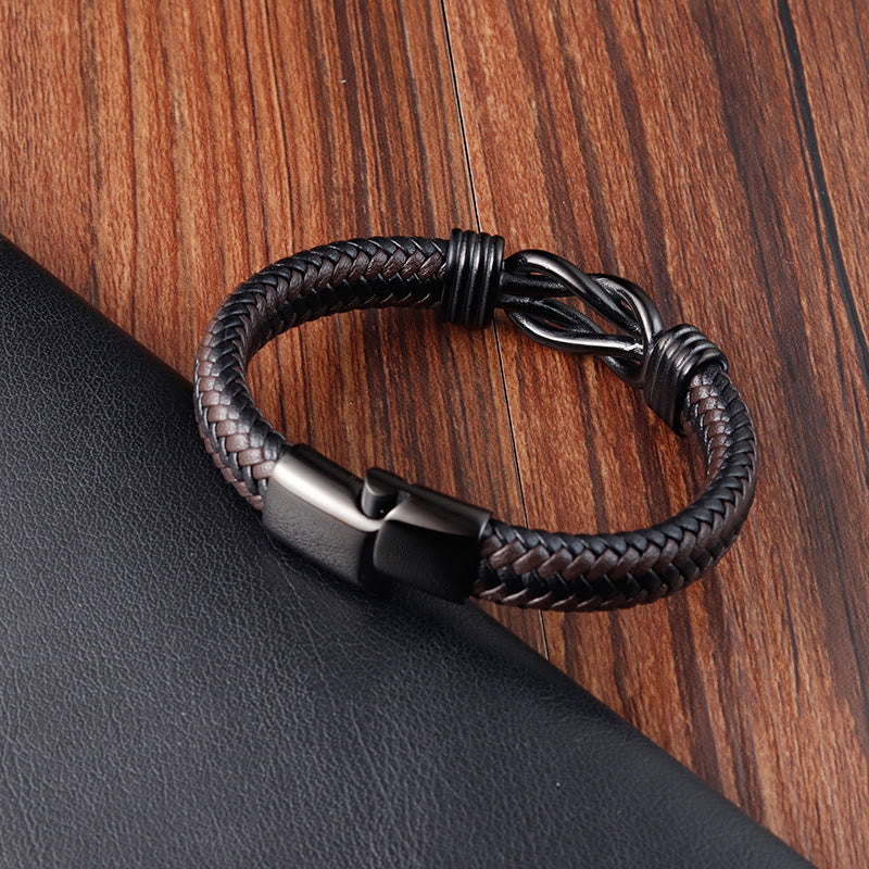 Bracciale con fibbia in pelle e bilanciere in acciaio al titanio con motivo a nodo infinito Buddha Stones