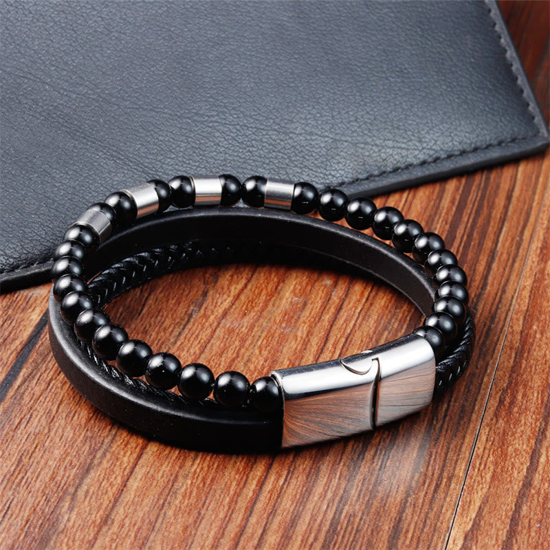Bracciale Buddha Stones Frosted Stone in pelle multistrato, titanio e acciaio con fibbia a bilanciere