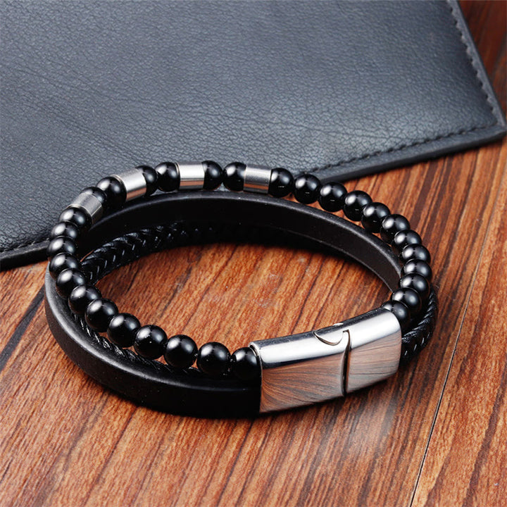 Bracciale Buddha Stones Frosted Stone in pelle multistrato, titanio e acciaio con fibbia a bilanciere