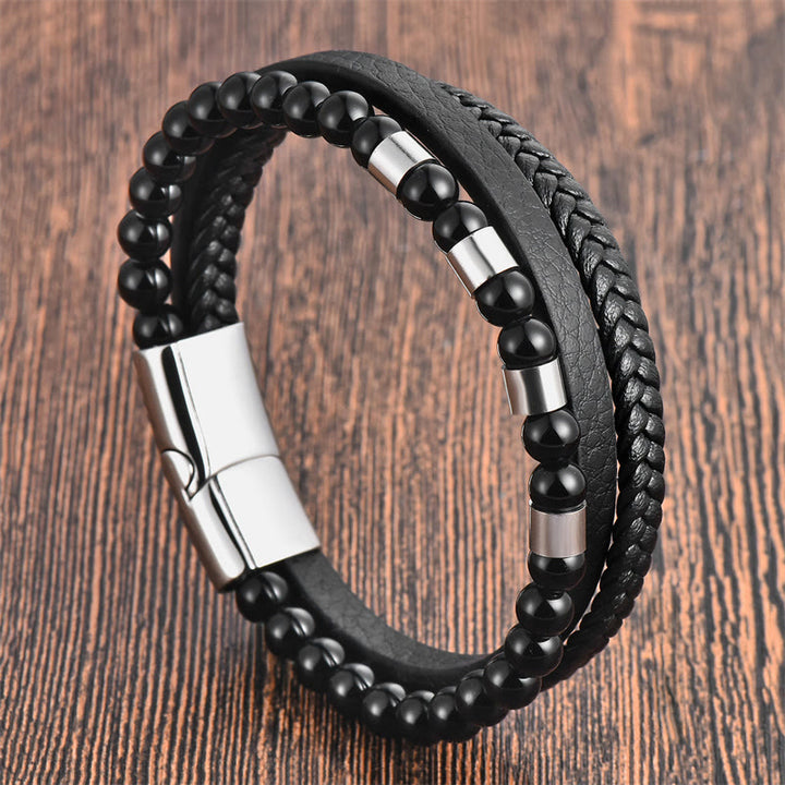 Bracciale Buddha Stones Frosted Stone in pelle multistrato, titanio e acciaio con fibbia a bilanciere