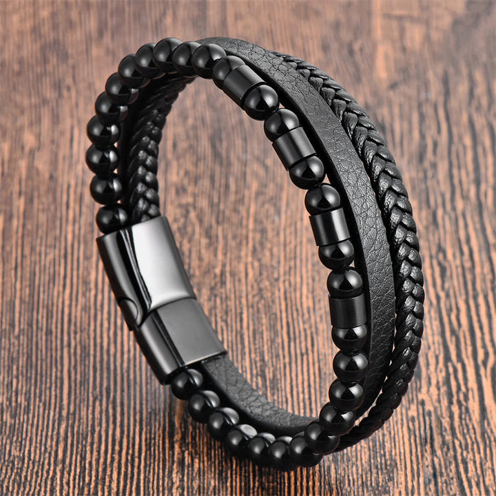 Bracciale Buddha Stones Frosted Stone in pelle multistrato, titanio e acciaio con fibbia a bilanciere