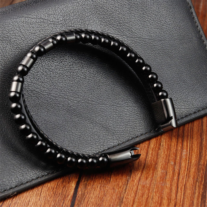 Bracciale Buddha Stones Frosted Stone in pelle multistrato, titanio e acciaio con fibbia a bilanciere