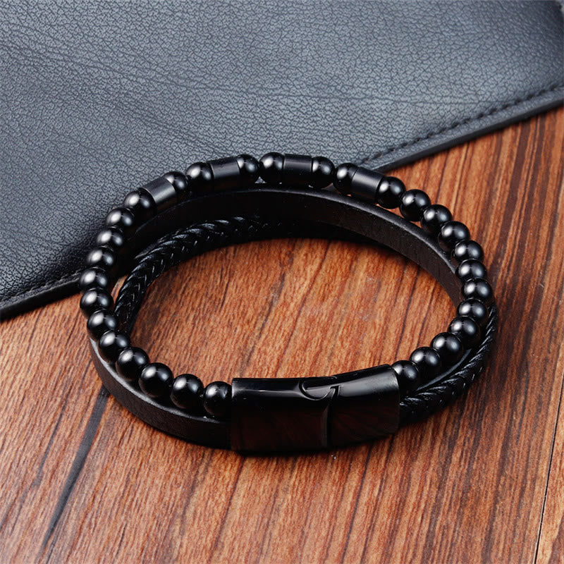 Bracciale Buddha Stones Frosted Stone in pelle multistrato, titanio e acciaio con fibbia a bilanciere