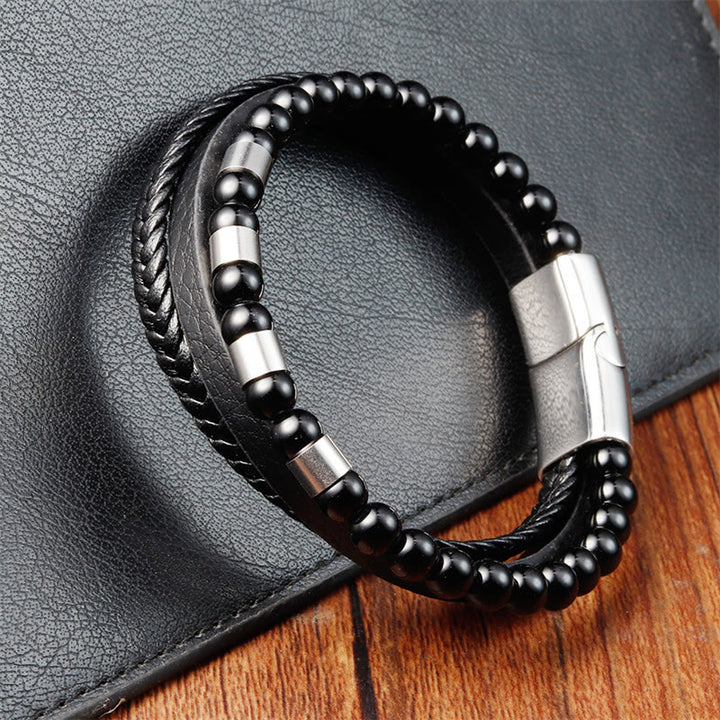 Bracciale Buddha Stones Frosted Stone in pelle multistrato, titanio e acciaio con fibbia a bilanciere