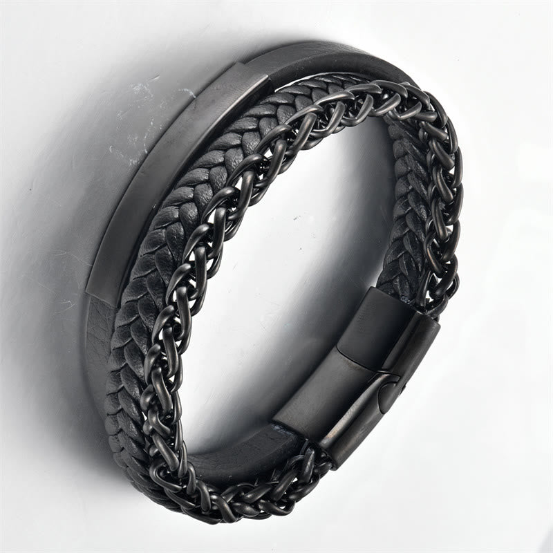 Bracciale con fibbia in pelle multistrato con stimolazione in acciaio al titanio e motivo intrecciato Buddha Stones - image 3