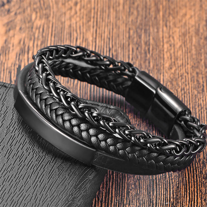 Bracciale con fibbia in pelle multistrato con stimolazione in acciaio al titanio e motivo intrecciato Buddha Stones - Nero (Circonferenza del polso: 20-22 cm) - image 0