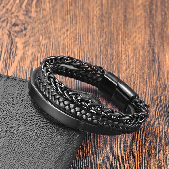 Bracciale con fibbia in pelle multistrato con stimolazione in acciaio al titanio e motivo intrecciato Buddha Stones - image 2